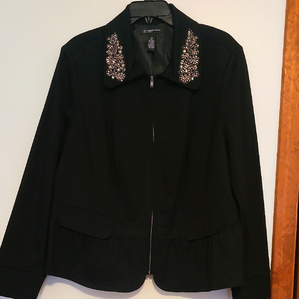 NWT International Concepts Black Zip Front Jacket  w/Beaded Collar Accents Sz 2X
